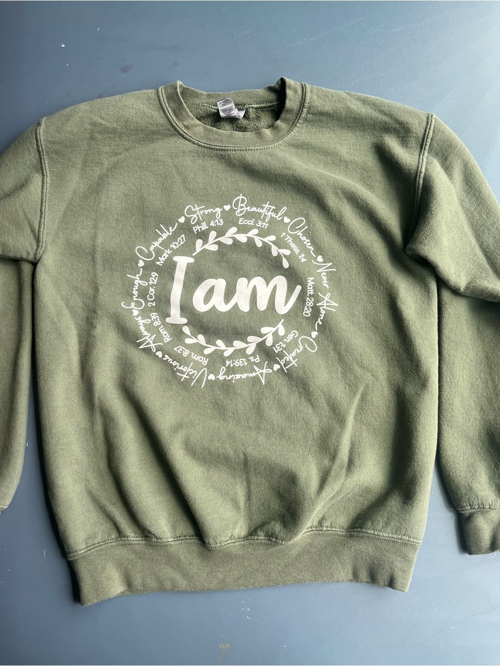 Gildan Olive Green Crewneck Sweatshirt with White “I am” Wreath Graphic